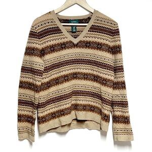 Lauren by Ralph Lauren Lambswool Nordic Fair Isle V Neck Sweater Sz Womens L